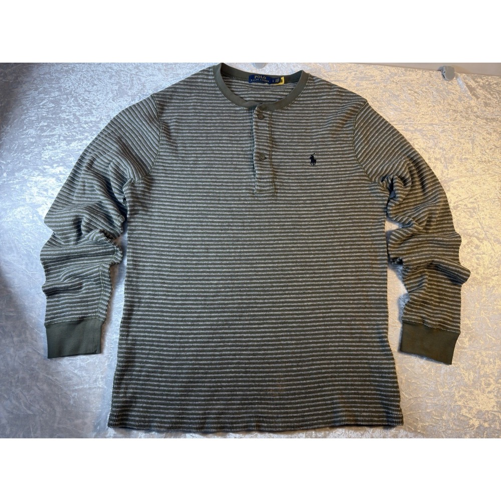 Polo Ralph Lauren Mens L Waffle Knit Henley Shirt Long Sleeve Striped Pony